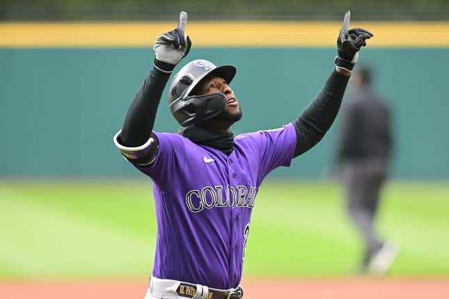 Apr 24, 2023; Cleveland, Ohio, USA; Colorado Rockies left fielder Jurickson Profar (29) celebrates after hitting a home run during the first inning against the Cleveland Guardians at Progressive Field.