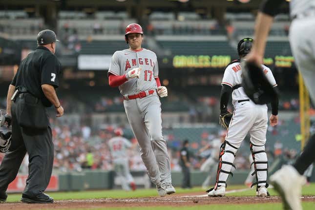 May 15, 2023; Baltimore, Maryland, USA;  Los Angeles Angels starting pitcher Shohei Ohtani (17) scores in the third inning against the Baltimore Orioles at Oriole Park at Camden Yards.