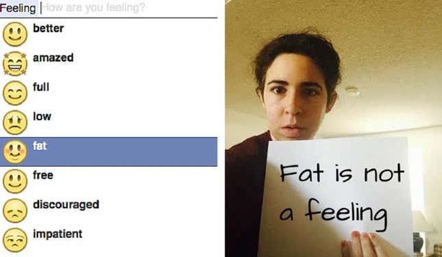 Image from the Change.org petition showing the “feeling fat” Facebook feature.