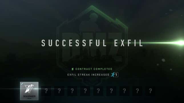 The victory screen of DMZ shows an earned perk.