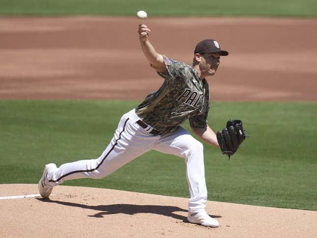 Apr 2, 2023; San Diego, California, USA;  San Diego Padres starting pitcher Seth Lugo (67) throws a pitch against the Colorado Rockies first inning at Petco Park.
