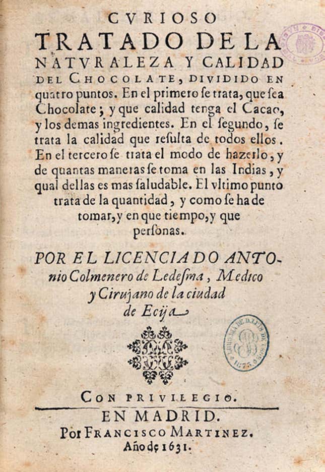 Title page from Colmenero’s “Curioso Tratado de la naturaleza y calidad del chocolate.”