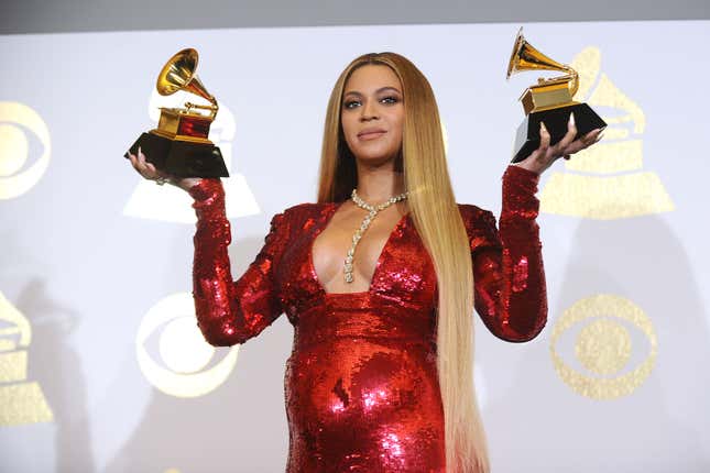 Beyonce poses in the press room at the 59th GRAMMY Awards at Staples Center on February 12, 2017 in Los Angeles, California.