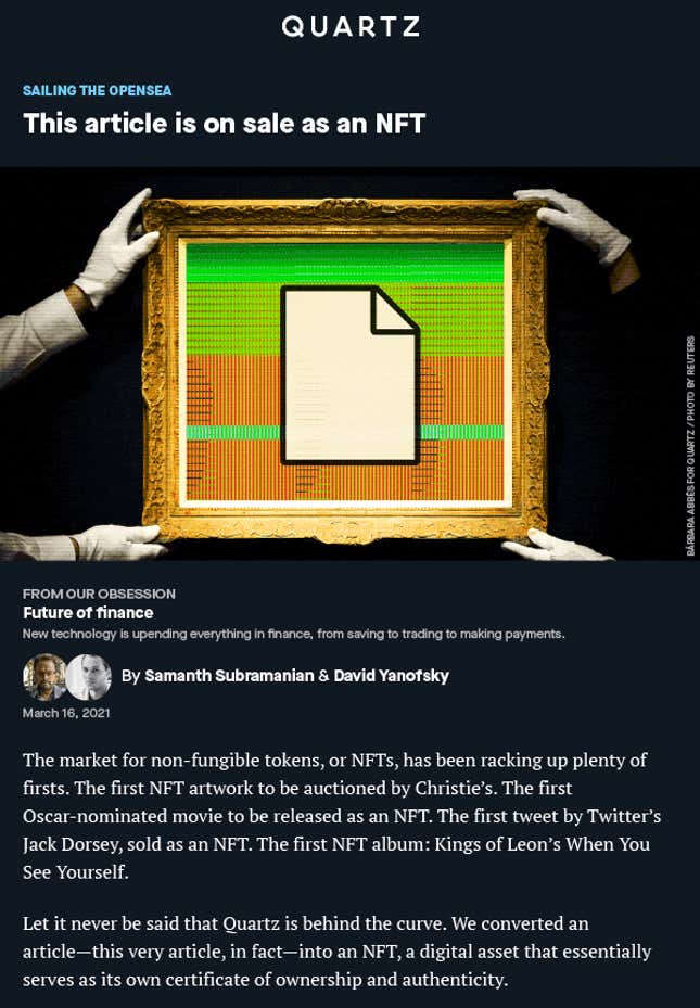 An image of our NFT. It looks exactly like the original article we published.