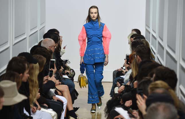 LONDON, ENGLAND - FEBRUARY 20: Models walks the runway at the J.W. Anderson show during London Fashion Week Autumn/Winter 2016/17 at Yeomanry House on February 20, 2016 in London, England. (Photo by Stuart C. Wilson/Getty Images)