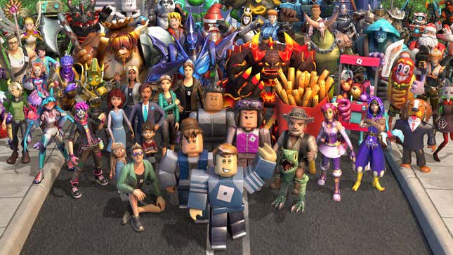 a ton of roblox avatars standing on a paved road