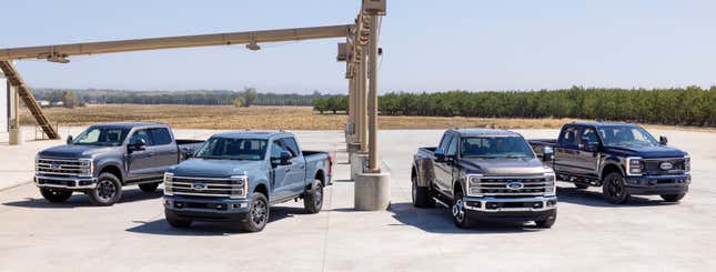 From left to right: 2023 Ford Super Duty F-250 Tremor Off-Road Package, F-350 Limited, F-350 Lariat, XL STX Appearance Package