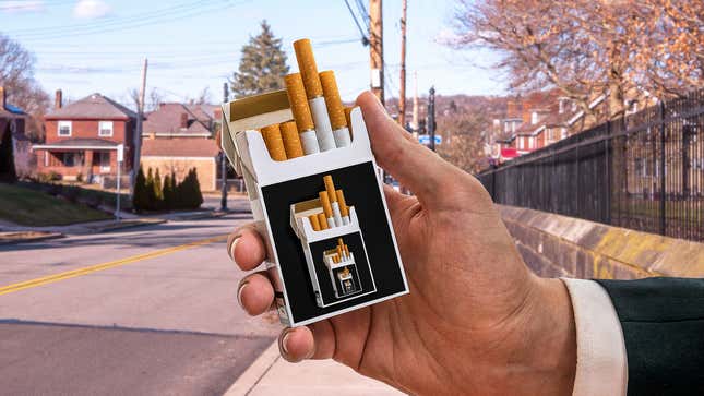 Image for article titled FDA Requires Cigarette Packs Have Image Of Cigarette Pack Which Itself Has Smaller Image Of Cigarette Pack To Make Smokers Question Where This All Ends