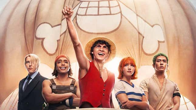 الملصق النهائي لمسلسل One Piece على Netflix، والذي يظهر قراصنة قبعة القش الأصليين.
