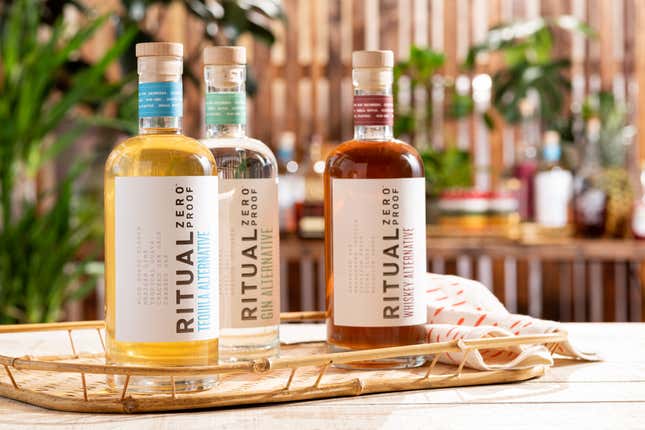Bottles of Ritual Zero Proof non-alcoholic tequila, gin, and whiskey alternatives 
