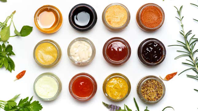 Sauces and condiments seen from overhead