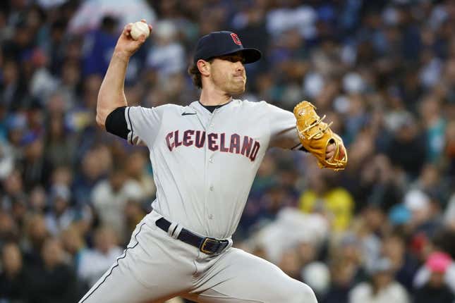 Mar 30, 2023; Seattle, Washington, USA; Cleveland Guardians starting pitcher Shane Bieber (57) throws against the Seattle Mariners during the first inning at T-Mobile Park.