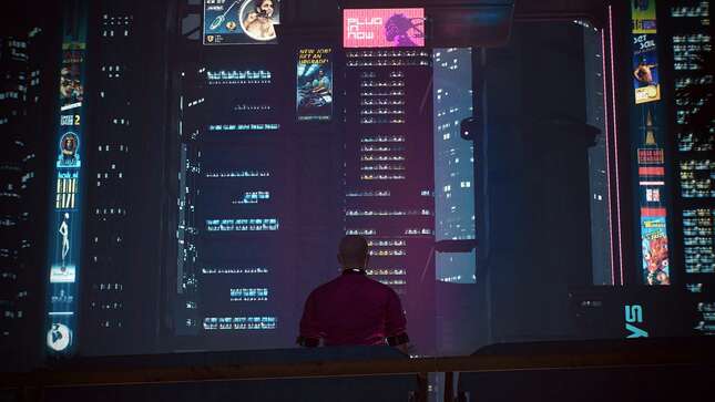 V looks out at Night City.