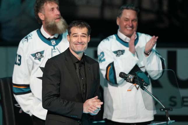 Feb 25, 2023; San Jose, California, USA; San Jose Sharks former player Patrick Marleau smiles during his jersey retirement ceremony before the game against the Chicago Blackhawks at SAP Center at San Jose.