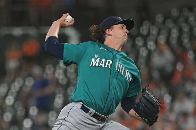 June 23, 2023;  Baltimore, Maryland, USA;  Seattle Mariners starting pitcher Logan Gilbert (36) groans to throw the first pitch against the Baltimore Orioles at Oriole Park in Camden Yards.