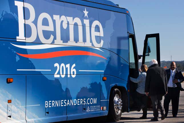 Democratic presidential candidate Sen. Bernie Sanders, I-Vt. follows his wife Jane Sanders as they board their bus on arrival in West Columbia, S.C., Friday, Feb. 26, 2016, from campaign stops in Minnesota. (AP Photo/Jacquelyn Martin)
