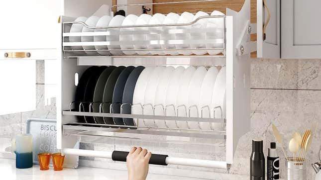 Amazon product image showing cabinet inserts being lowered down from an overhead kitchen cabinet