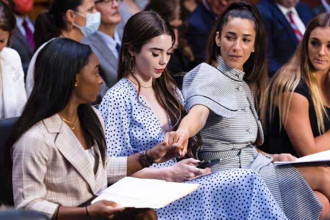 United States gymnasts from left, Simone Biles, McKayla Maroney, Aly Raisman and Maggie Nichols arrive for a Senate Judiciary hearing about the Inspector General’s report on the FBI’s handling of the Larry Nassar investigation on Capitol Hill, Wednesday.