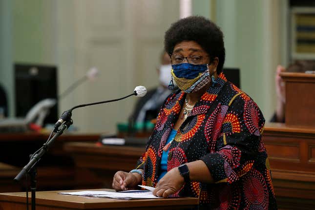 In this June 11, 2020, file photo, then-Assemblywoman Shirley Weber calls on lawmakers to create a task force to study and develop reparation proposals for African Americans, during the Assembly session in Sacramento, Calif. A landmark California committee to study reparations for African Americans is meeting for its first time, Tuesday, June 1, 2021, launching a two-year process to address the harms of slavery and systemic racism.