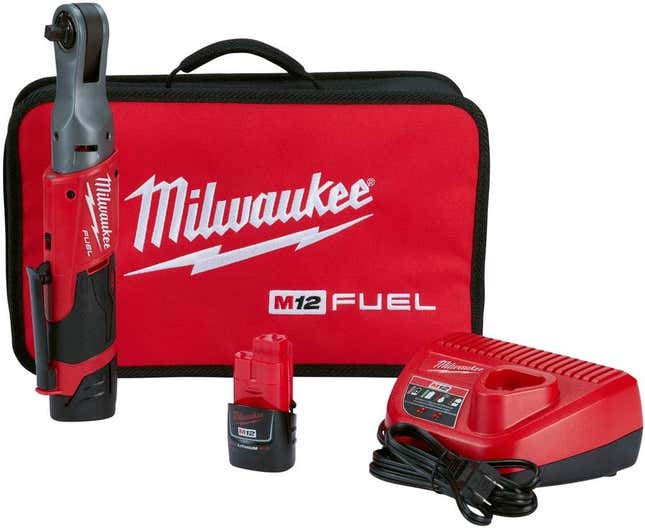 A Milwaukee fuel M12 ratchet with batter, charger and a case.