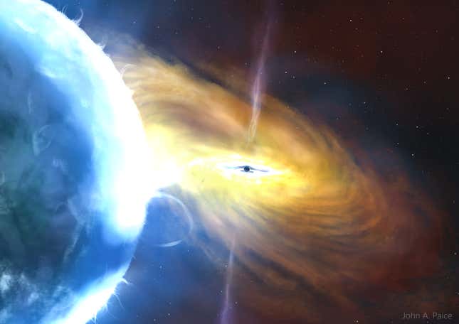 Illustration of a black hole surrounded by superheated plasma, next to its companion star.