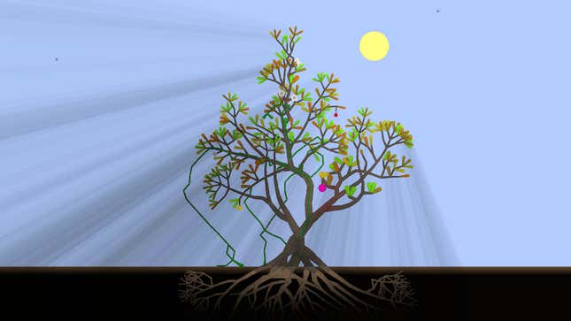 A screenshot from Kasi shows a well-developed tree, which you grow in game by connecting roots to the sky.