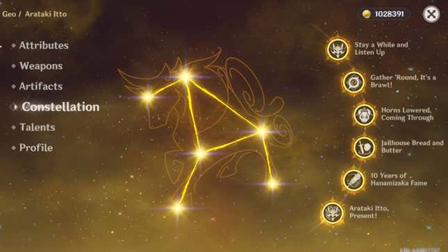 Een spelpagina met de sterrenbeelden van Arataki Itto
