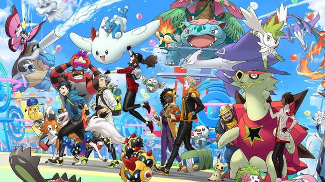 Trainers and Pokemon are seen walking by PokeStops.