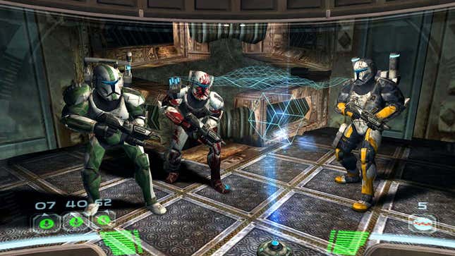 A screenshot from Republic Commando showing the full squad looking at a holo-map. 