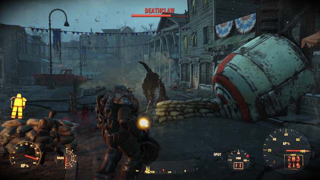 A fighter in power armor mows down a deathclaw in the ruins of a city.