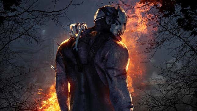 Trapper character in Dead by Daylight standing in a dark forest with his hunched body outlined by flames in the distance.