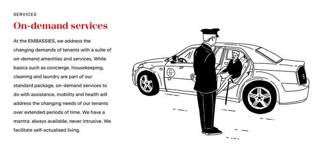 The Embassies of Good Living website talks about co-retiring and on-demand services. Not “care.”