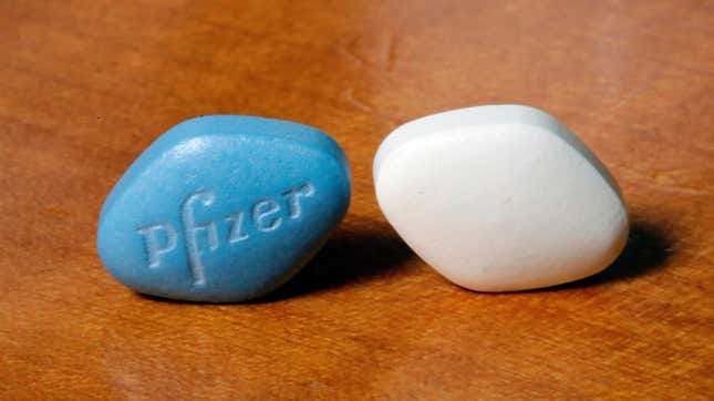 A tablet of Pfizer’s Viagra, next to its generic equivalent. Both contain the active ingredient sildenafil