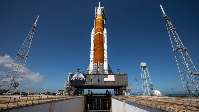 NASA’s Space Launch System (SLS) rocket and Orion spacecraft are photographed atop the mobile launcher at the agency’s Kennedy Space Center in Florida on March 18, 2022. 