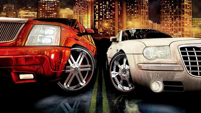 A piece of promo artwork for Midnight Club featuring two cars, one red and one white. 