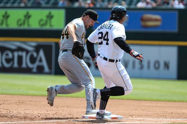 Detroit Tigers designated hitter Miguel Cabrera (24) is grounded out to first base by Pittsburgh Pirates pitcher Rich Hill (44) during the second inning at Comerica Park in Detroit on Wednesday, May 17, 2023.