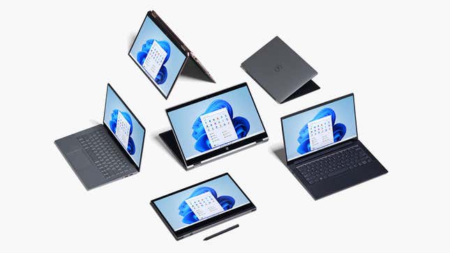 A photo of various types of Windows laptops with their screens on the Windows 11 interface