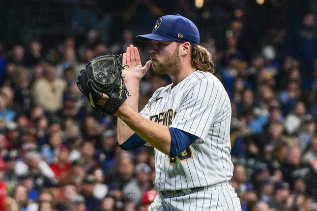 Apr 29, 2023; Milwaukee, Wisconsin, USA; Milwaukee Brewers pitcher Corbin Burnes (39) reacts after pitching out of a jam against the Los Angeles Angels in the fifth inning at American Family Field.