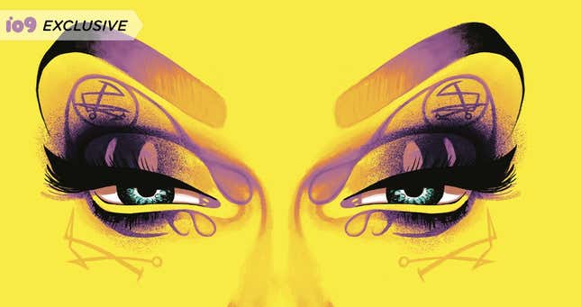 Elaborately made-up eyes and dramatic eyebrows adorn the yellow cover of Grant Morrison's novel, Luda.