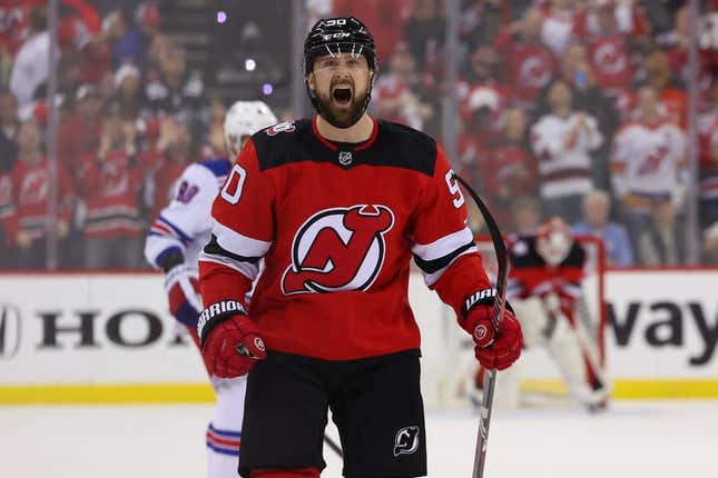 May 1, 2023; Newark, New Jersey, USA; New Jersey Devils left wing Tomas Tatar (90) celebrates his goal against the New York Rangers during the second period in game seven of the first round of the 2023 Stanley Cup Playoffs at Prudential Center.