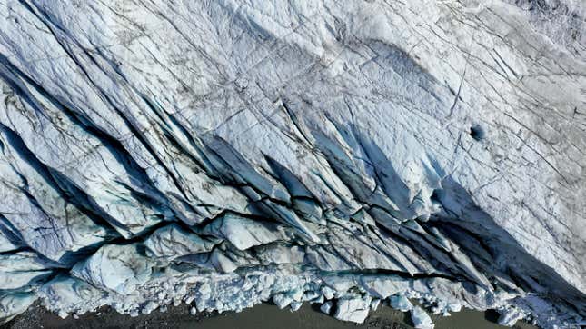 An aerial view of the terminus of the retreating Russell Glacier on September 09, 2021 near Kangerlussuaq, Greenland. 2021 will mark one of the biggest ice melt years for Greenland in recorded history. 
