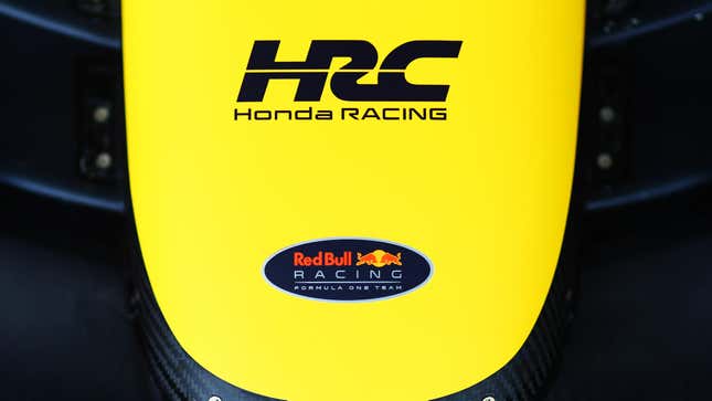 Honda branding is pictured on the nose of the Red Bull Racing RB18 in the garage during practice ahead of the F1 Grand Prix of Japan at Suzuka International Racing Course on October 07, 2022 in Suzuka, Japan.