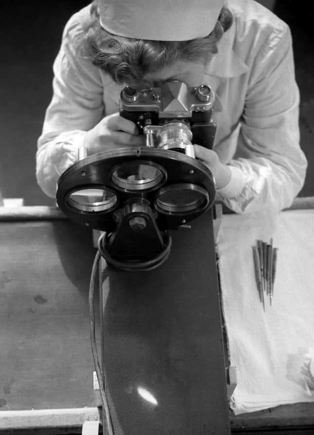 woman inspecting camera