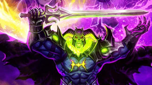 With green flame surrounding his skull, Masters of the Universe: Revelation's giant Skelegod holds aloft the Sword of Power.