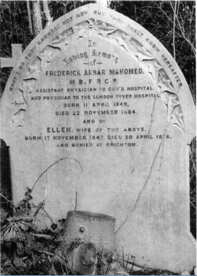 Akbar Mahomed’s grave in Highgate cemetery, North London. The cemetery was opened in 1839, and among several illustrious people buried here is Karl Marx.