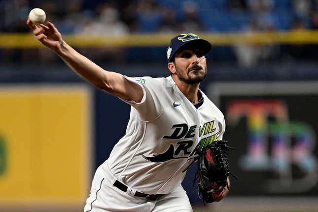 Jun 23, 2023; St. Petersburg, Florida, USA; Tampa Bay Rays pitcher Zach Eflin (24) throws a pitch in the first inning against the Kansas City Royals at Tropicana Field.