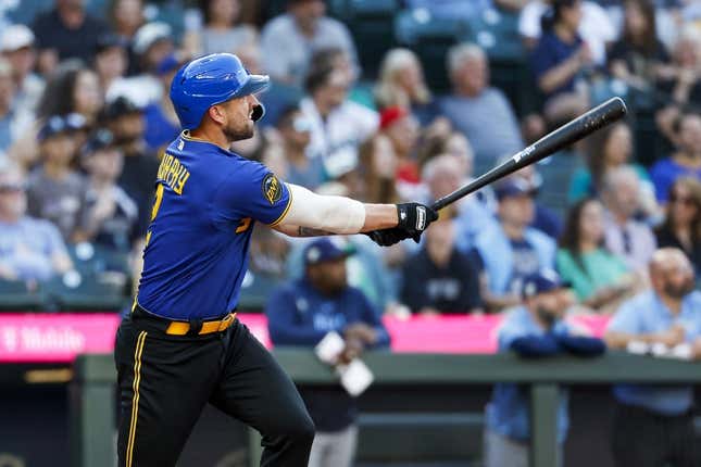 Jun 30, 2023; Seattle, Washington, USA; Seattle Mariners designated hitter Tom Murphy (2) hits a two-run home run against the Tampa Bay Rays during the second inning at T-Mobile Park.