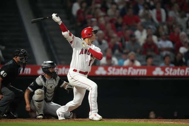 Jun 27, 2023; Anaheim, California, USA; Los Angeles Angels starting pitcher Shohei Ohtani (17) follows through on a home run in the seventh inning against the Chicago White Sox at Angel Stadium.