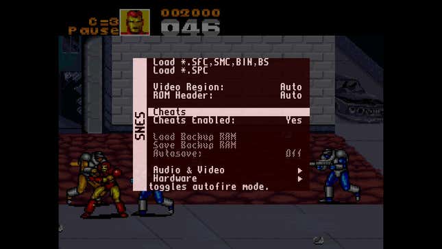 A screenshot of the MiSTer's in-game menu showing options for video regions, audio and video, and cheats.