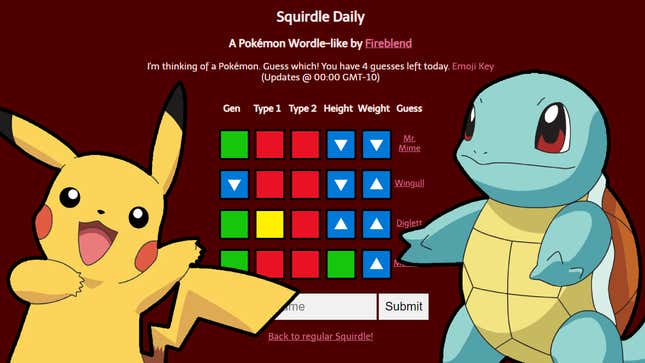 Pikachu and Squirtle enliven a screenshot of guessing game Squirdle.